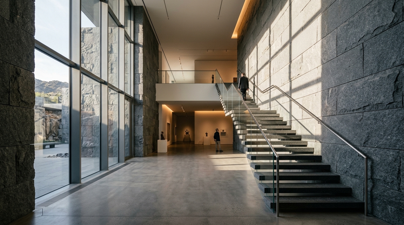 Monumental architectural space with massive honed granite stone walls, stairs and streaming natural light