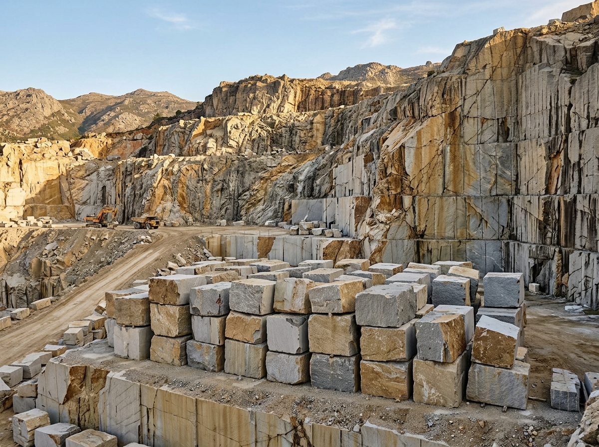 Raw extracted granite stone blocks in natural quarry