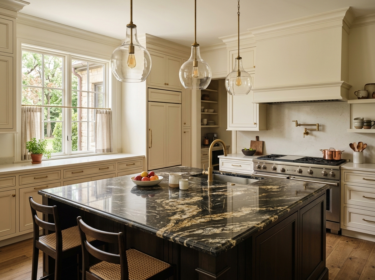 Architectural luxury kitchen with bespoke granite island countertop, pendant lighting and warm cabinetry