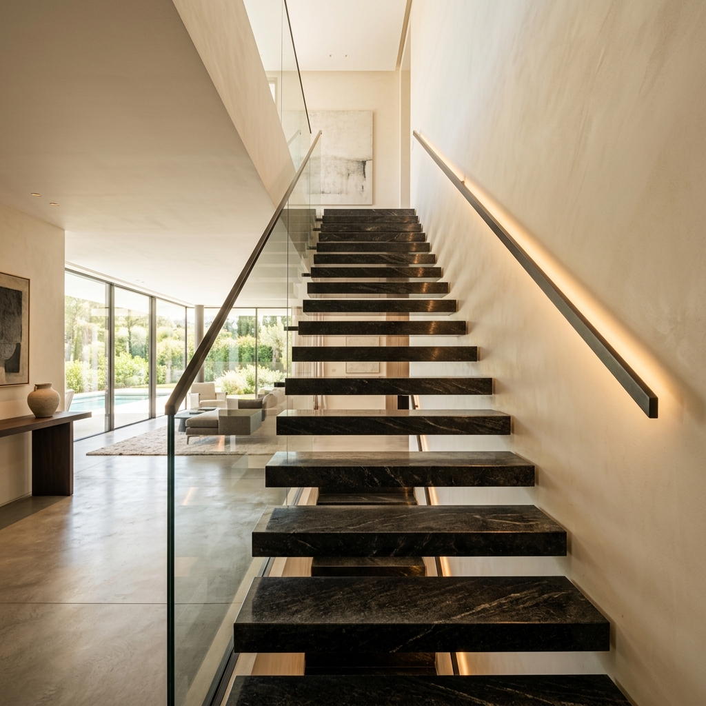 Staircase application with granite steps